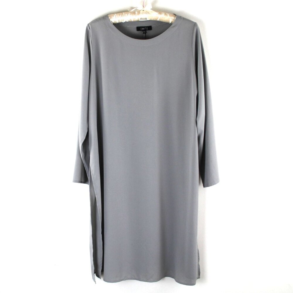Comfy USA Grey Crepe Round Neckline Long Sleeve Side Slit Long Tunic L